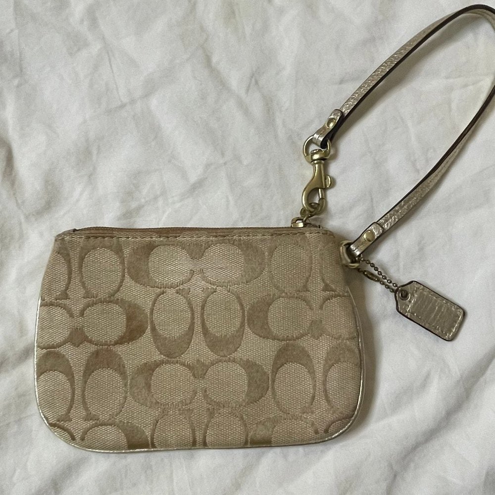 COACH Signature Monogram Small Wristlet Tan Beige - Picture 9 of 12